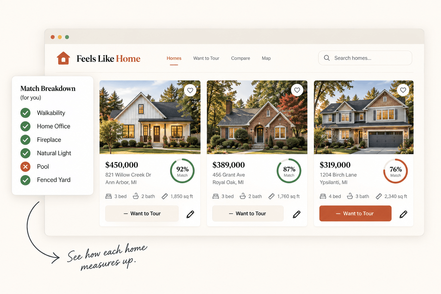 Feels Like Home comparison of three homes with personalized Match scores and Match details