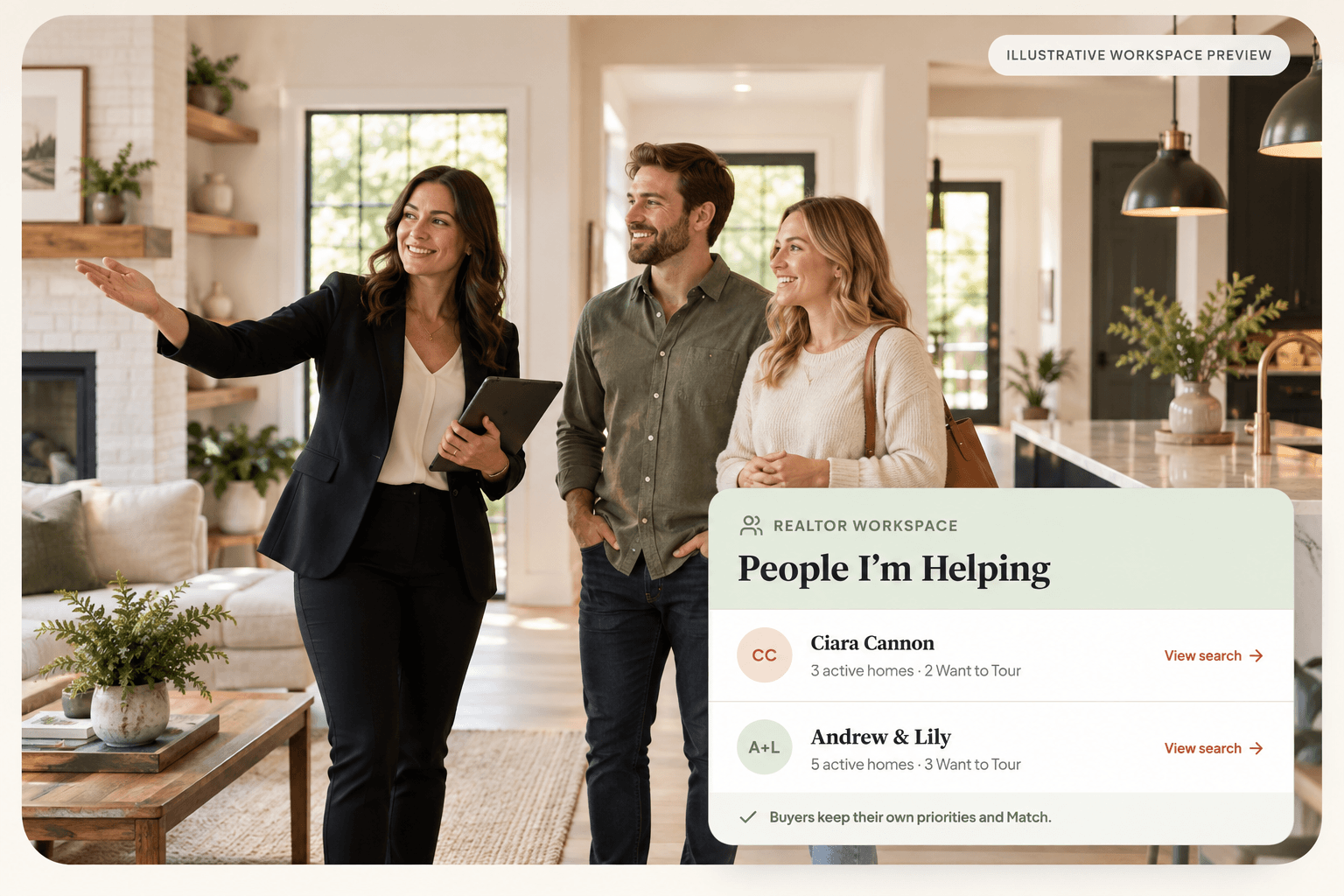Real estate agent touring a home with buyers, alongside an illustrative Feels Like Home Realtor workspace.