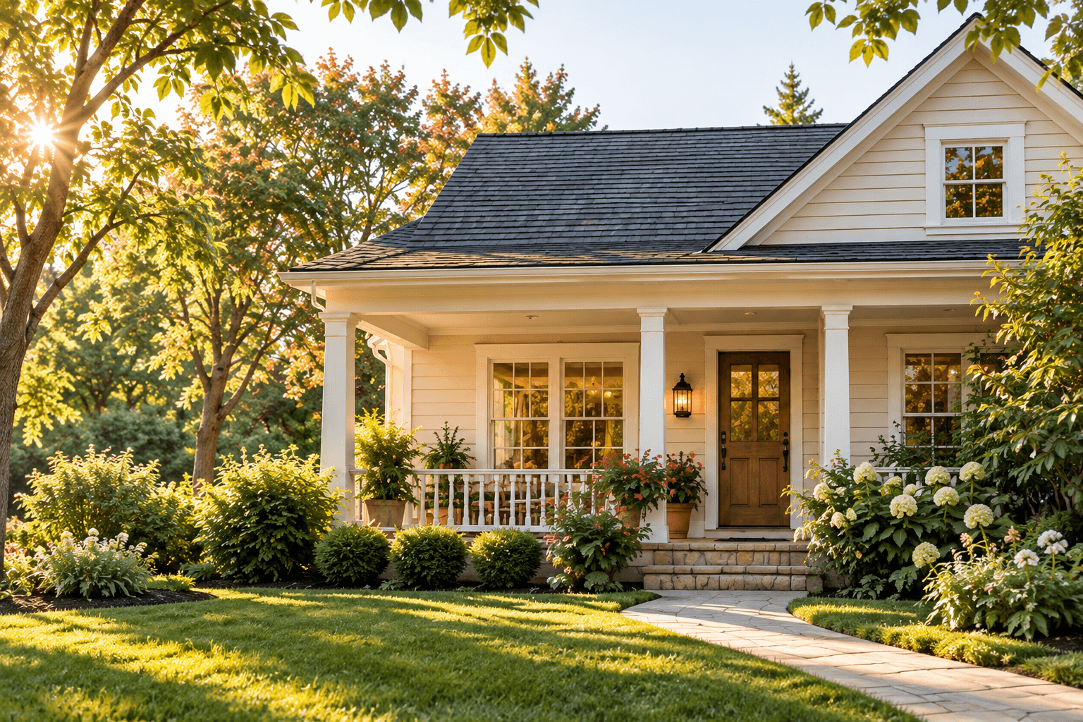 A welcoming cottage with a front porch at golden hour